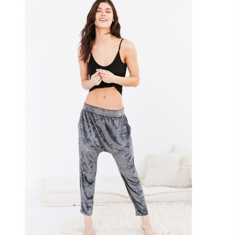 Harem Drop Crotch Pull On Grey Velvety Pants.